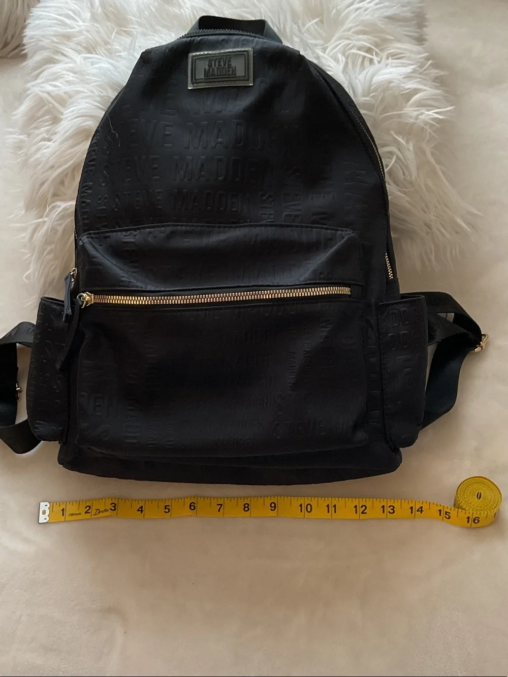 Steve Madden Black Embossed Logo Backpack with Gold Zipper